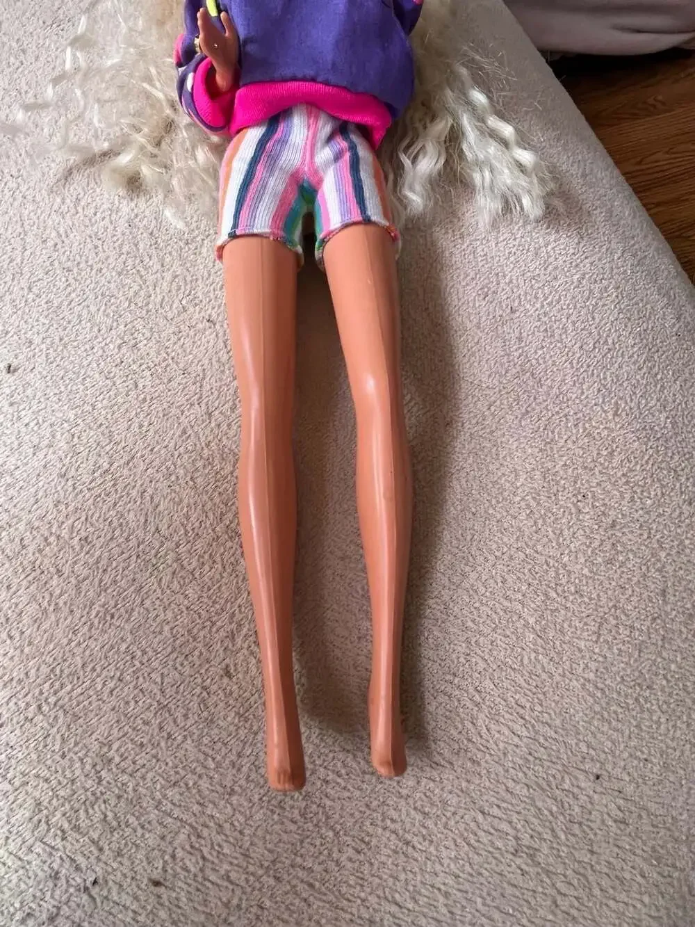 Vintage 1990s Barbie Doll in Neon Print Pullover and Striped Shorts